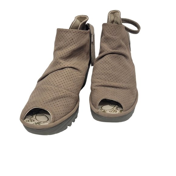 Fly London Women's Yema Taupe Wedge Tie Back Booties Size 38 US 7.5/8 - Picture 2 of 11